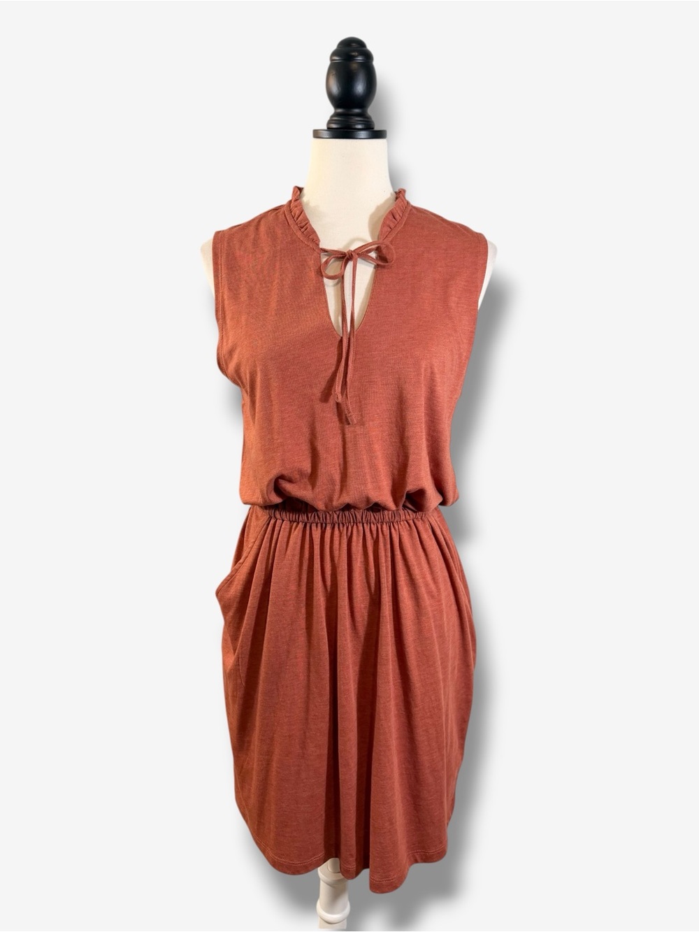 tentree Arden TreeBlend Dress M Rust Tencel Organic Cotton Tie Neck